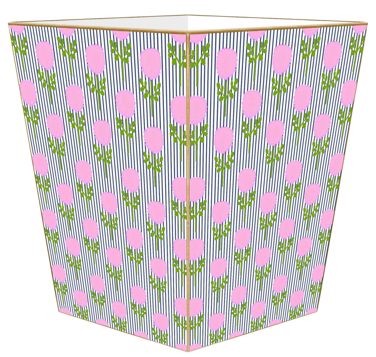 Marigold Ticking Stripe Pink by Laura Park Wastebasket: Wood Scalloped Top