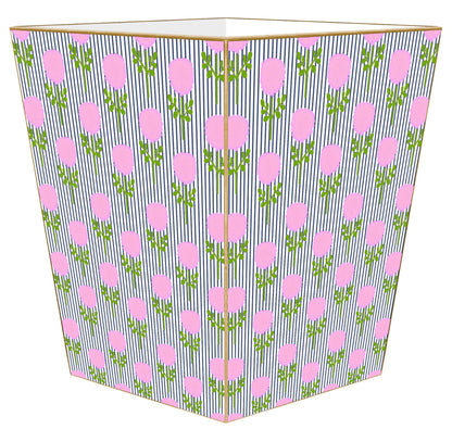 Marigold Ticking Stripe Pink by Laura Park Wastebasket: Wood Scalloped Top