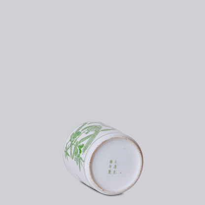 Tiny Green and White Porcelain Bird and Flower Cachepot