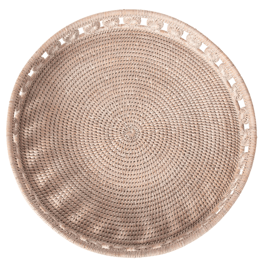 Rattan Round Tray with Glass insert – Decorative Serveware: White Wash / 16"
