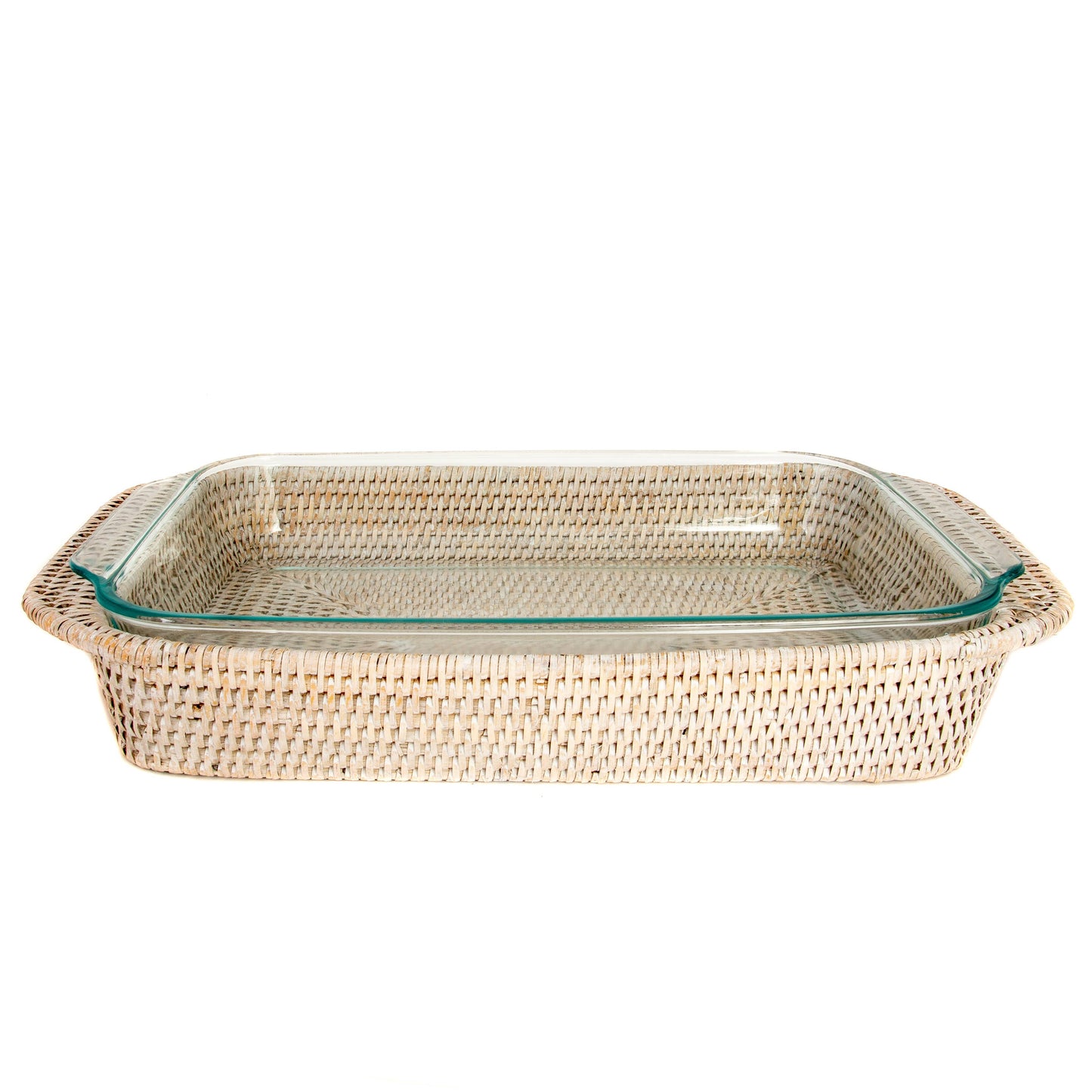 Rattan Rectangular Baker Basket with Pyrex – 13 Inch: White Wash