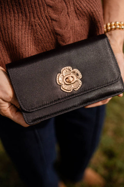 Lilly Faille Clutch- Flower Closure Black