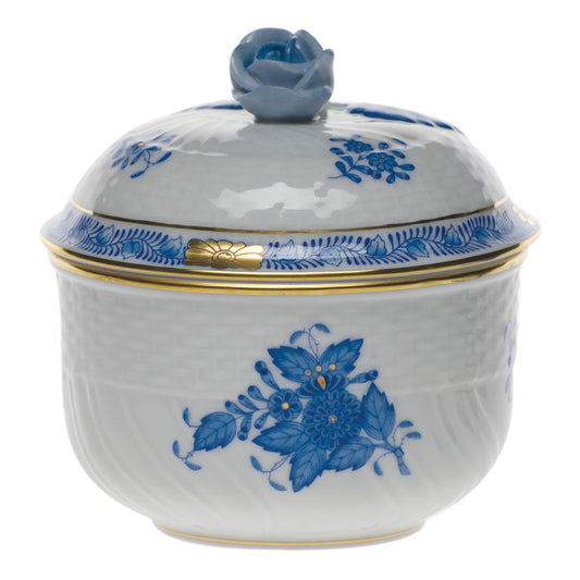 Herend Chinese Bouquet Blue Covered Sugar with Rose