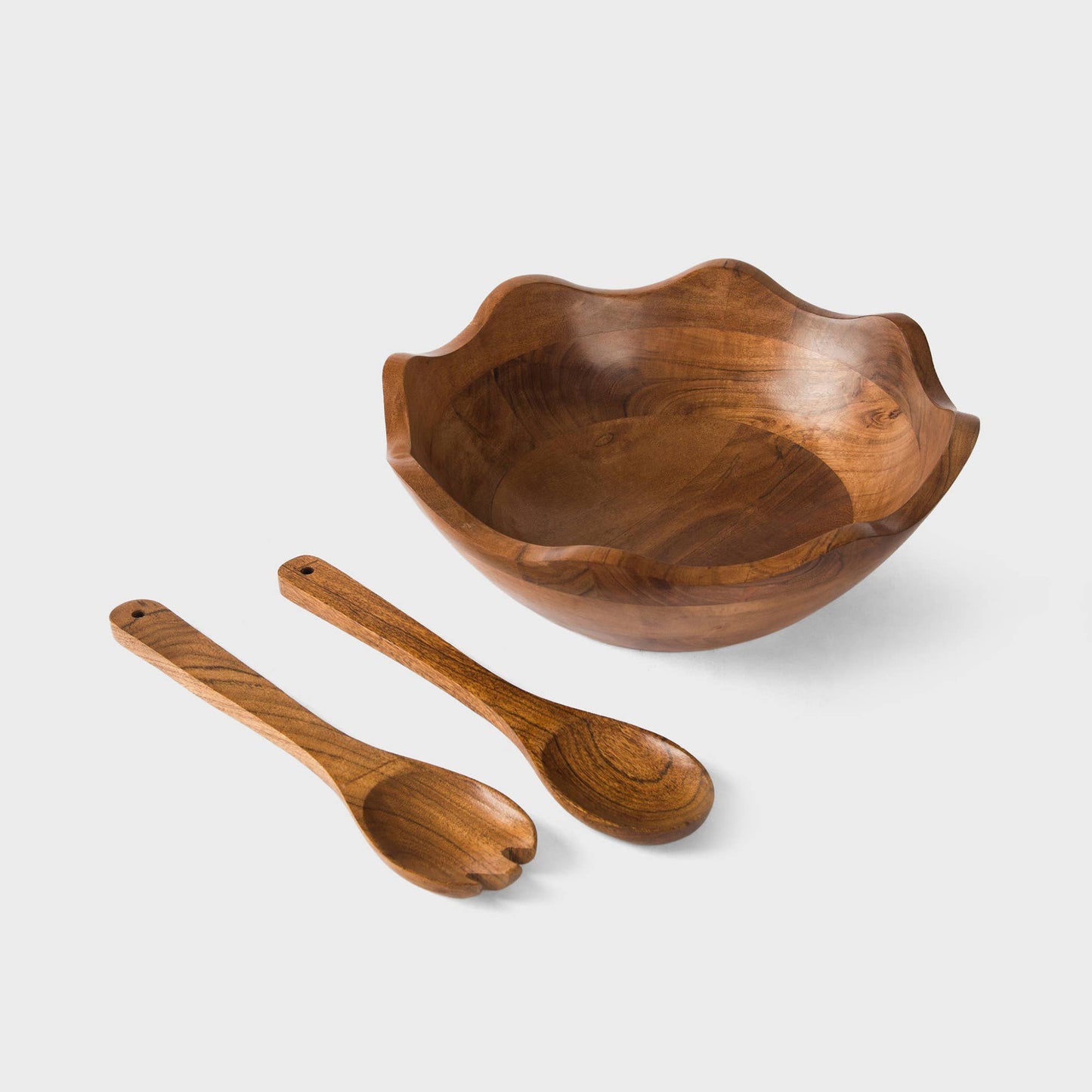 Hand-Carved Scalloped Acacia Wood Salad Bowl with Servers