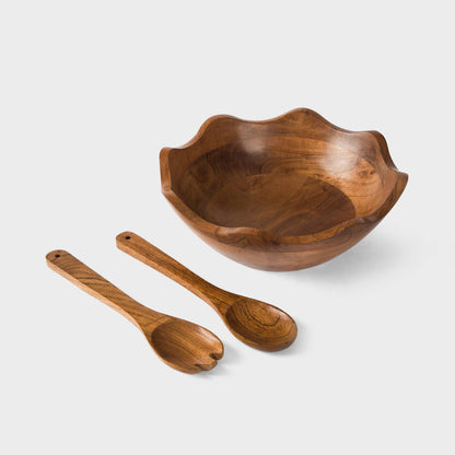 Hand-Carved Scalloped Acacia Wood Salad Bowl with Servers