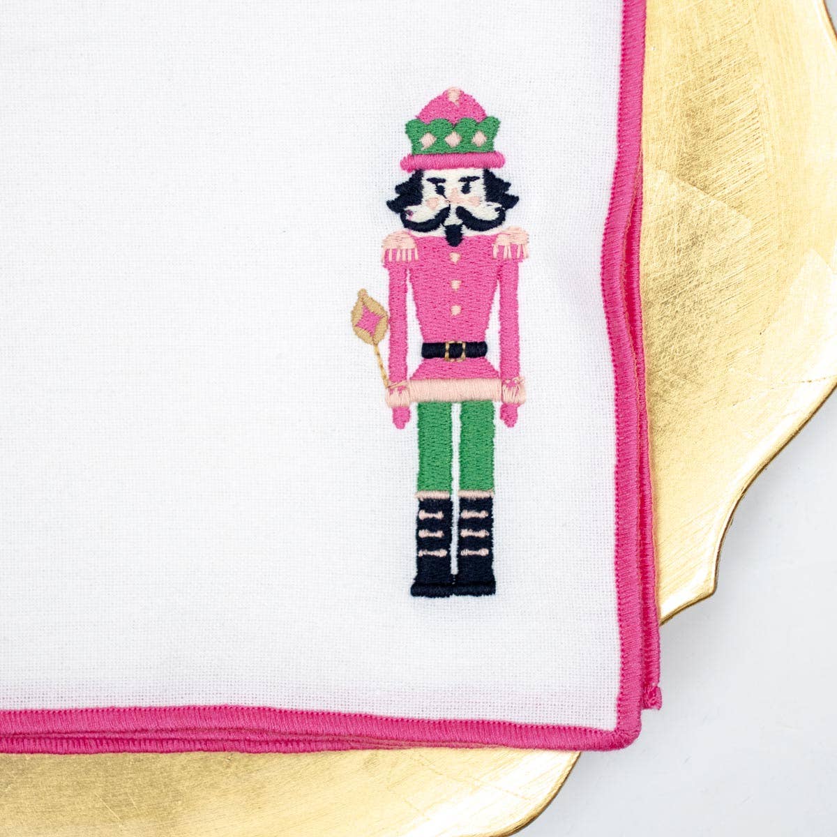 Nutcracker Embroidered Napkin   White/Hot Pink   Set of 4