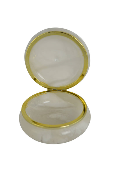 Trinket Box Round Alabaster Stone White with Gold Trim 4"