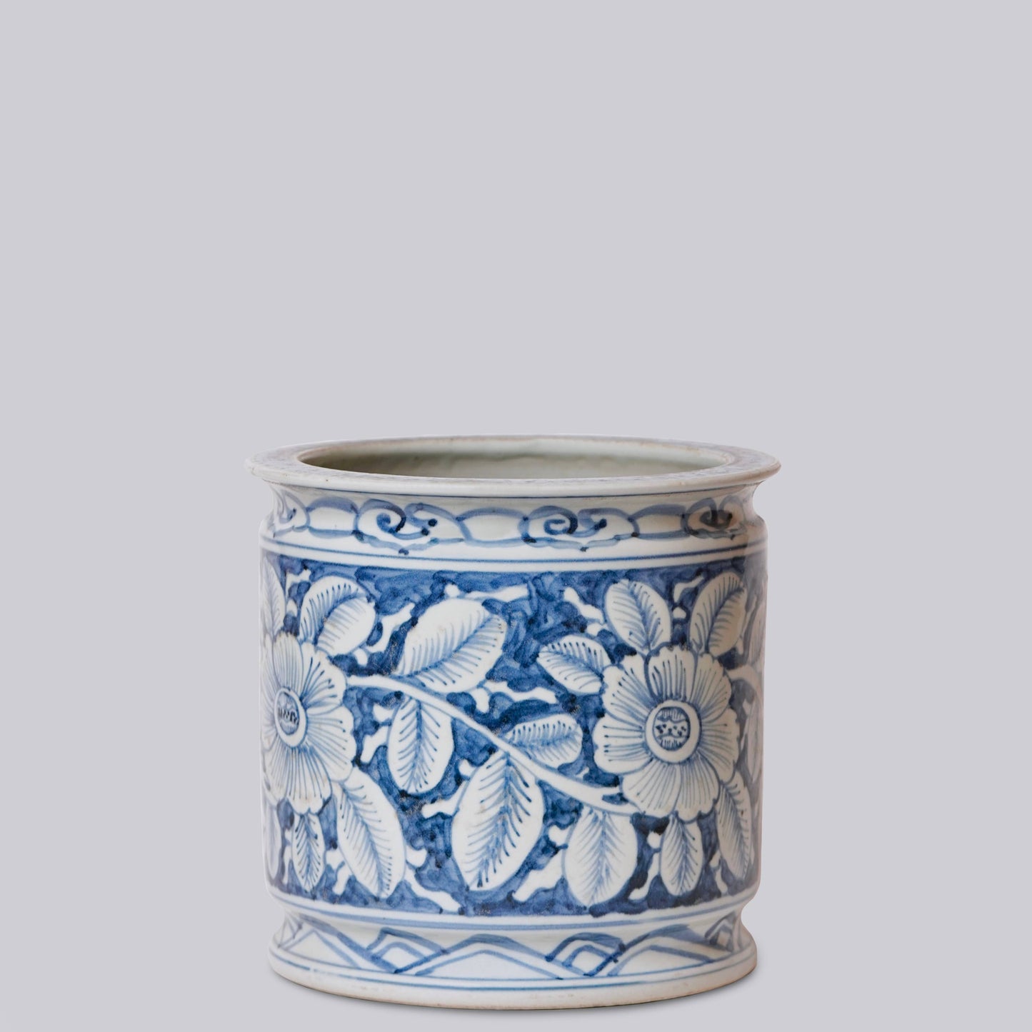 Blue and White Porcelain Floral Cachepot with Indented Rim