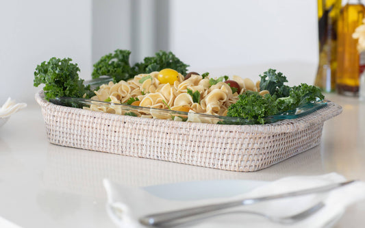 Rattan Rectangular Baker Basket with Pyrex – 13 Inch: White Wash