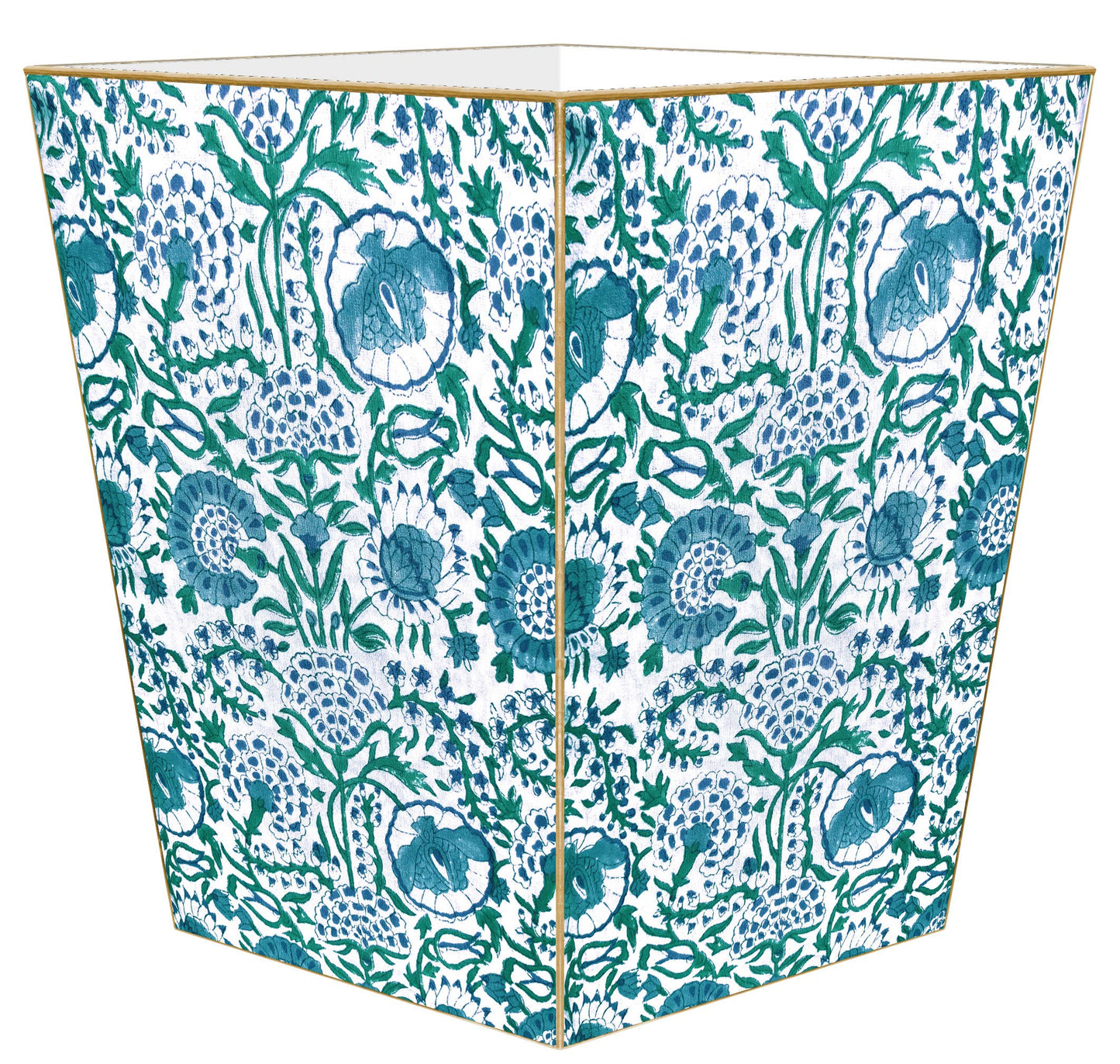 WB6684-Blue Floral Block Print Wastepaper Basket: Tin Scalloped