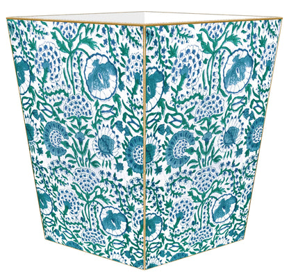WB6684-Blue Floral Block Print Wastepaper Basket: Tin Scalloped