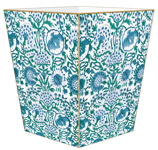 WB6684-Blue Floral Block Print Wastepaper Basket: Tin Scalloped
