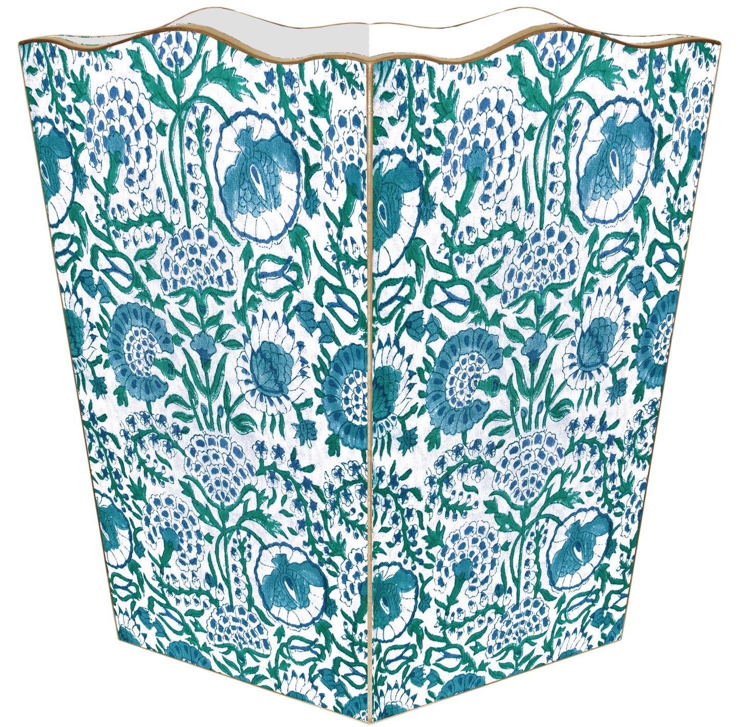 WB6684-Blue Floral Block Print Wastepaper Basket: Tin Scalloped