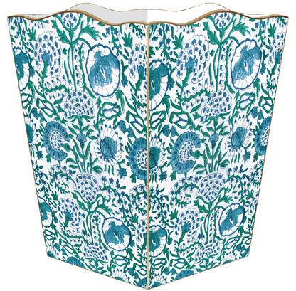 WB6684-Blue Floral Block Print Wastepaper Basket: Tin Scalloped