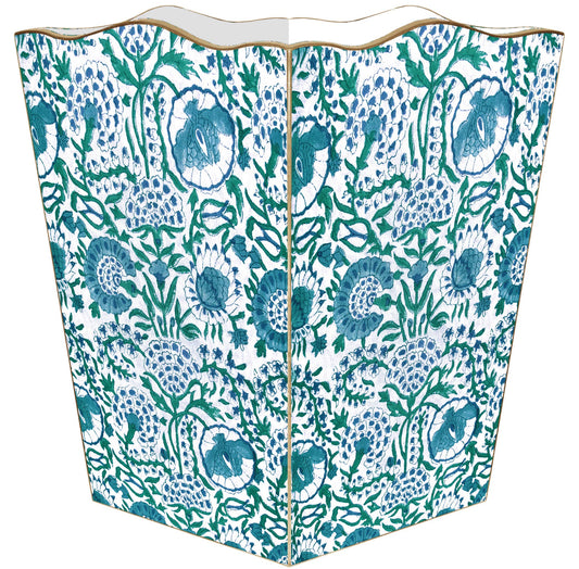 WB6684-Blue Floral Block Print Wastepaper Basket: Tin Scalloped