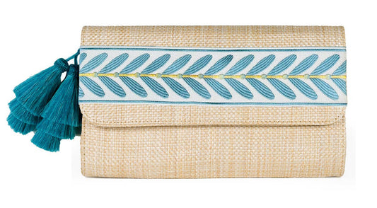 Avery Straw Clutch - Leaf Band: Blue