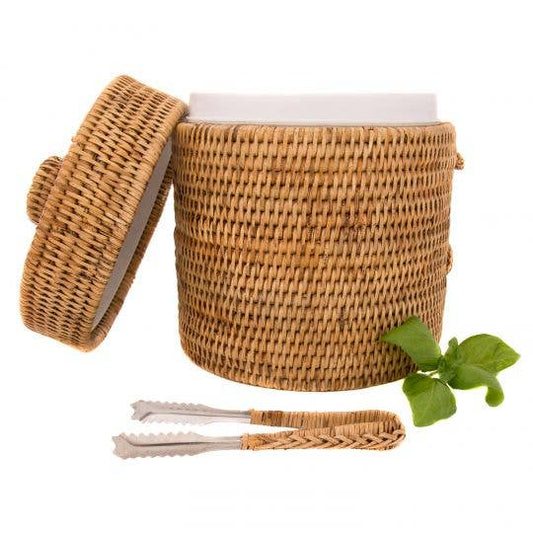 Rattan Ice Bucket with Tongs – Beverage Cooler: Honey Brown / Medium
