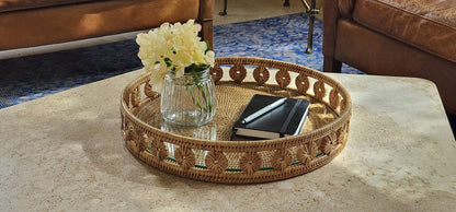 Rattan Round Tray with Glass Insert: Honey Brown / 16"