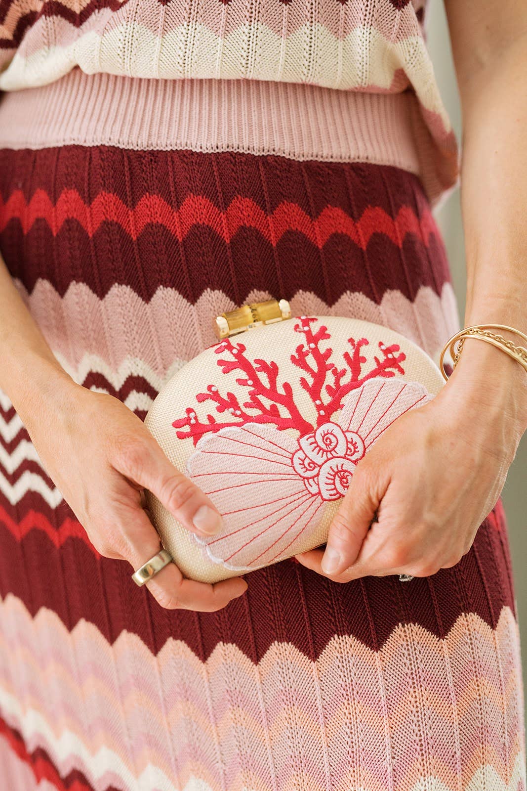 Coral and Shell Clutch- Embroidered - WS: Pink