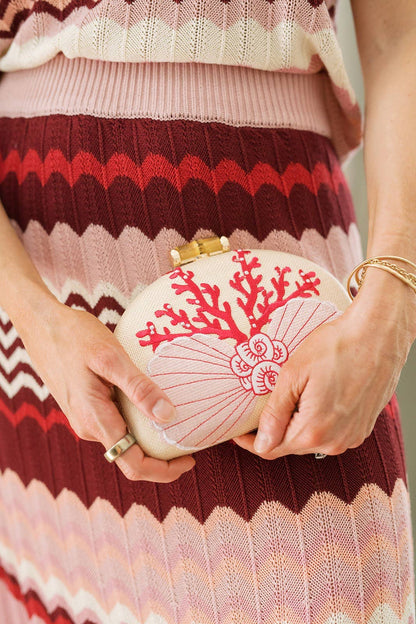 Coral and Shell Clutch- Embroidered - WS: Pink