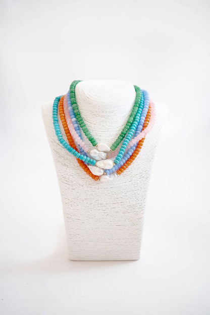 Susie- Quartz Beaded Necklace with freshwater Pearl - WS: Light Blue