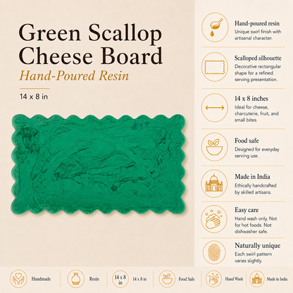 Green Scallop Cheese Board | Hand-Poured Resin | 14 x 8 in