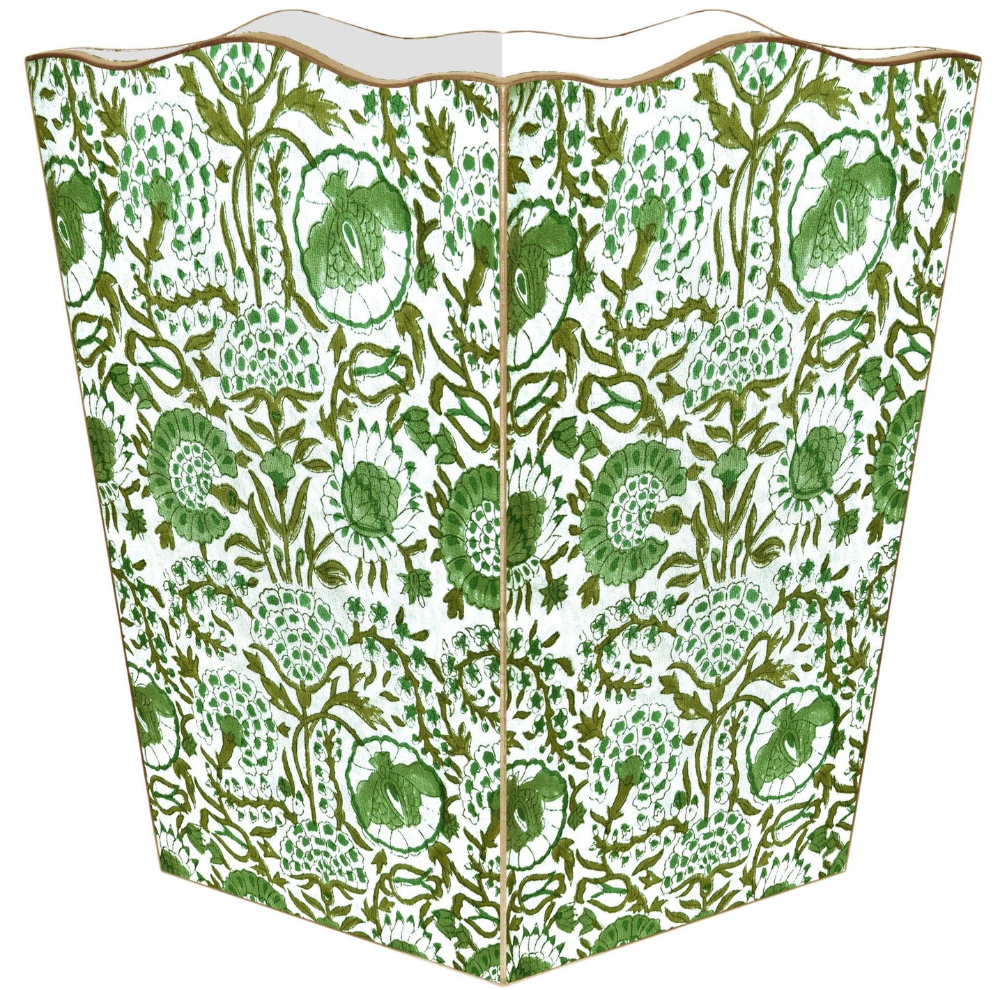 Green Floral Block Wastepaper Basket: Wood Scalloped Top