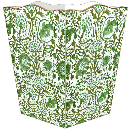 Green Floral Block Wastepaper Basket: Wood Scalloped Top