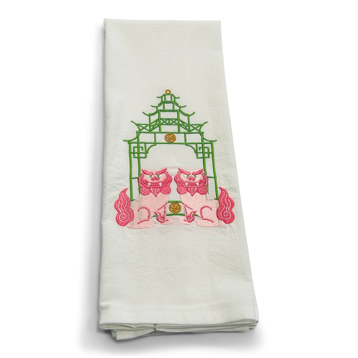 Towel - Pink Shisa Lions with Green Pagoda on white