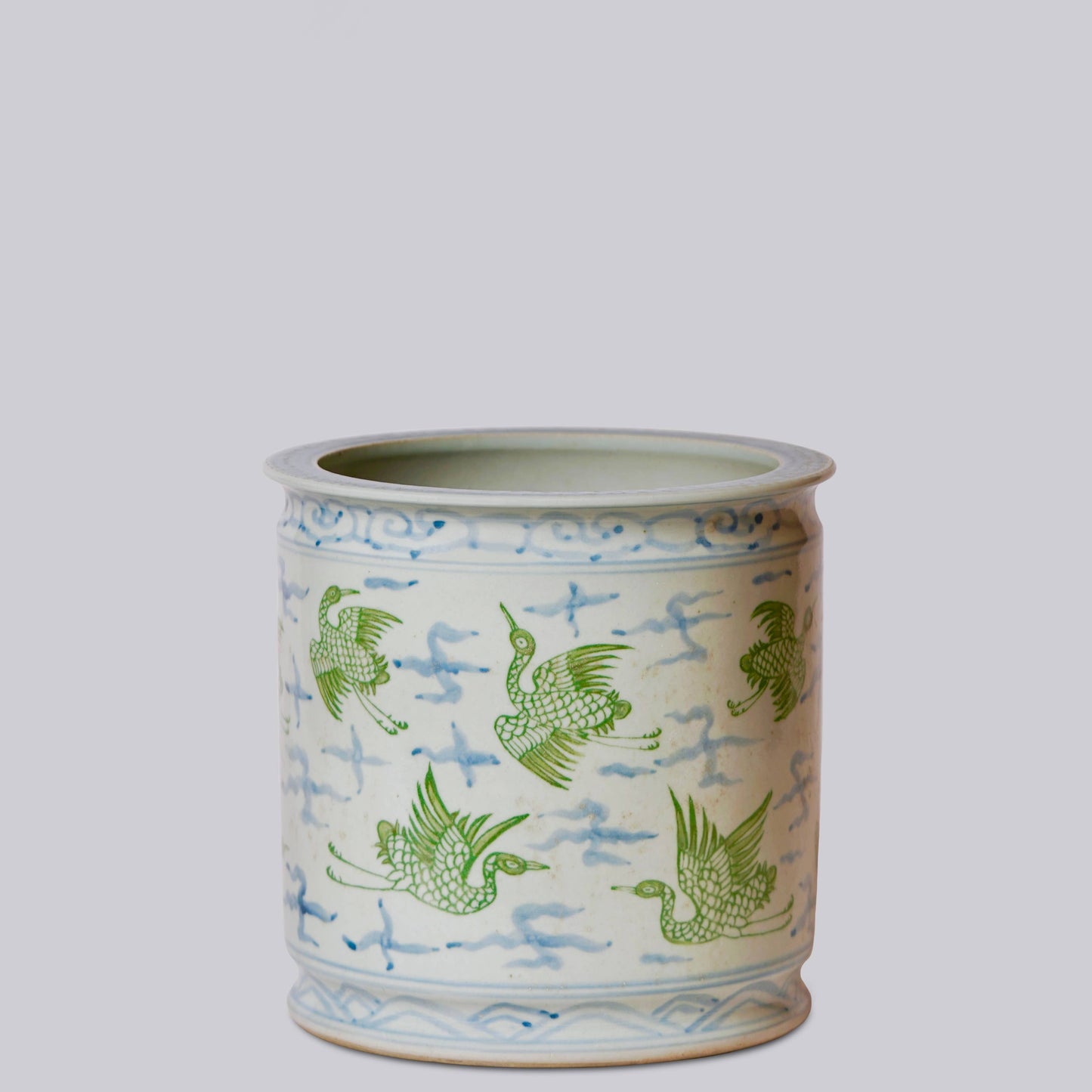 Cranes and Clouds Green and Blue Porcelain Cachepot