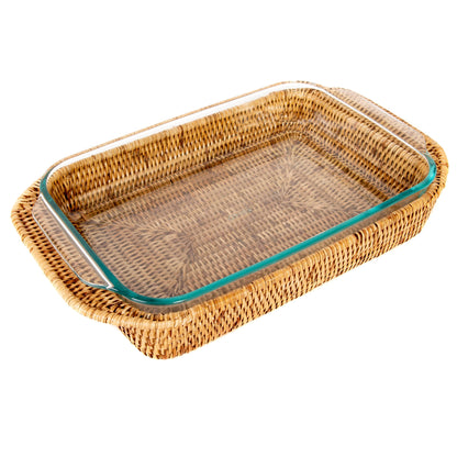 Rattan Rectangular Baker Basket with Pyrex – 13 Inch: White Wash