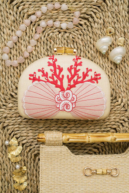 Coral and Shell Clutch- Embroidered - WS: Pink