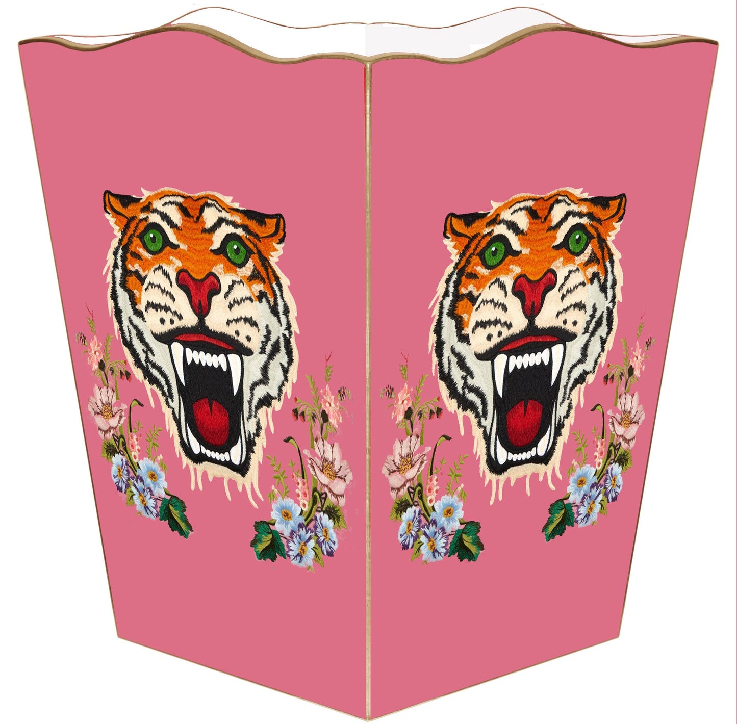 Tiger on Pink and Blue Wastepaper Basket: Pink / Scalloped Top
