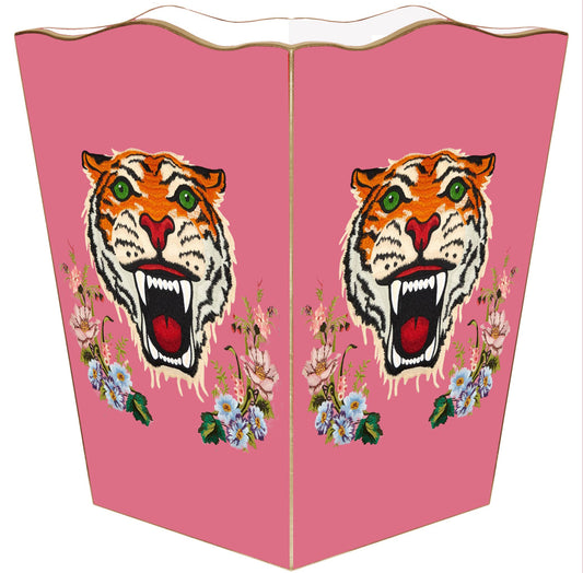 Tiger on Pink and Blue Wastepaper Basket: Pink / Scalloped Top