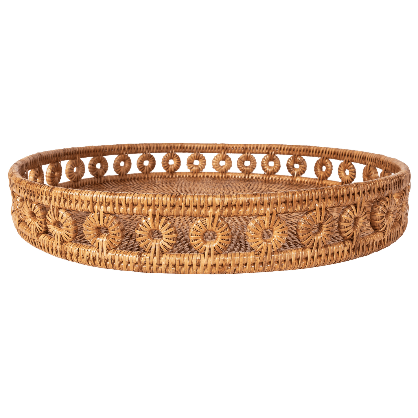 Rattan Round Tray with Glass Insert: Honey Brown / 16"