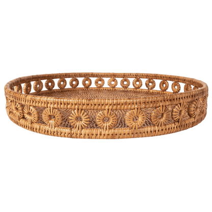 Rattan Round Tray with Glass Insert: Honey Brown / 16"