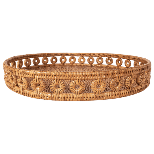 Rattan Round Tray with Glass Insert: Honey Brown / 16"
