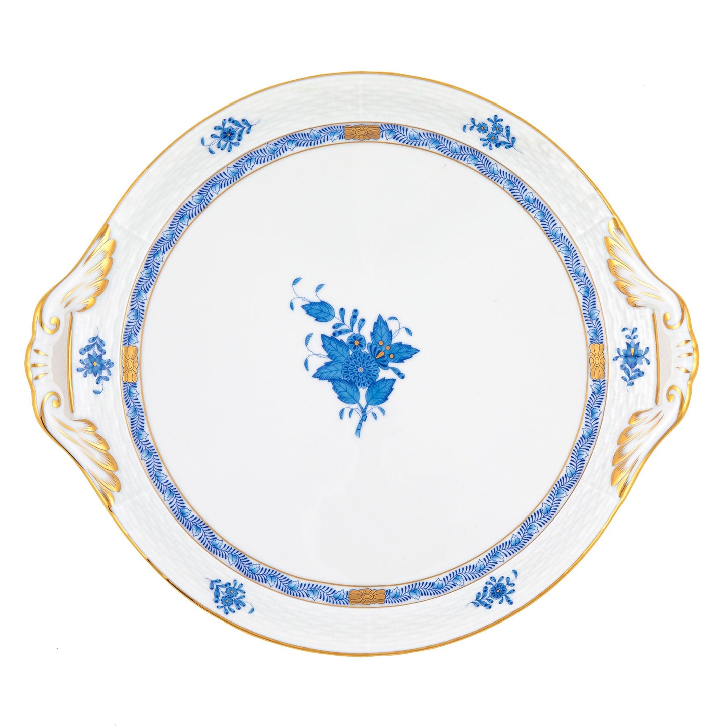 Herend Chinese Bouquet Blue Round Tray with Handles