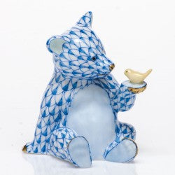 Herend Figurines Bear With Bird Blue