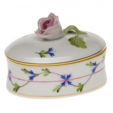 Herend Blue Garland Oval Box With Rose
