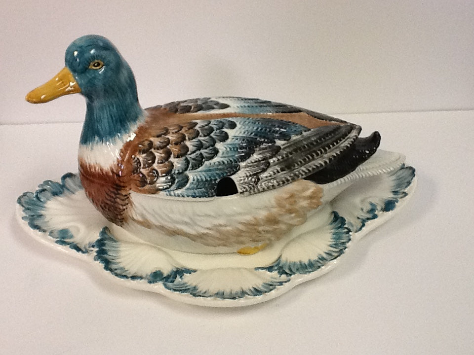 Italian hand crafted and painted duck tureen and platter