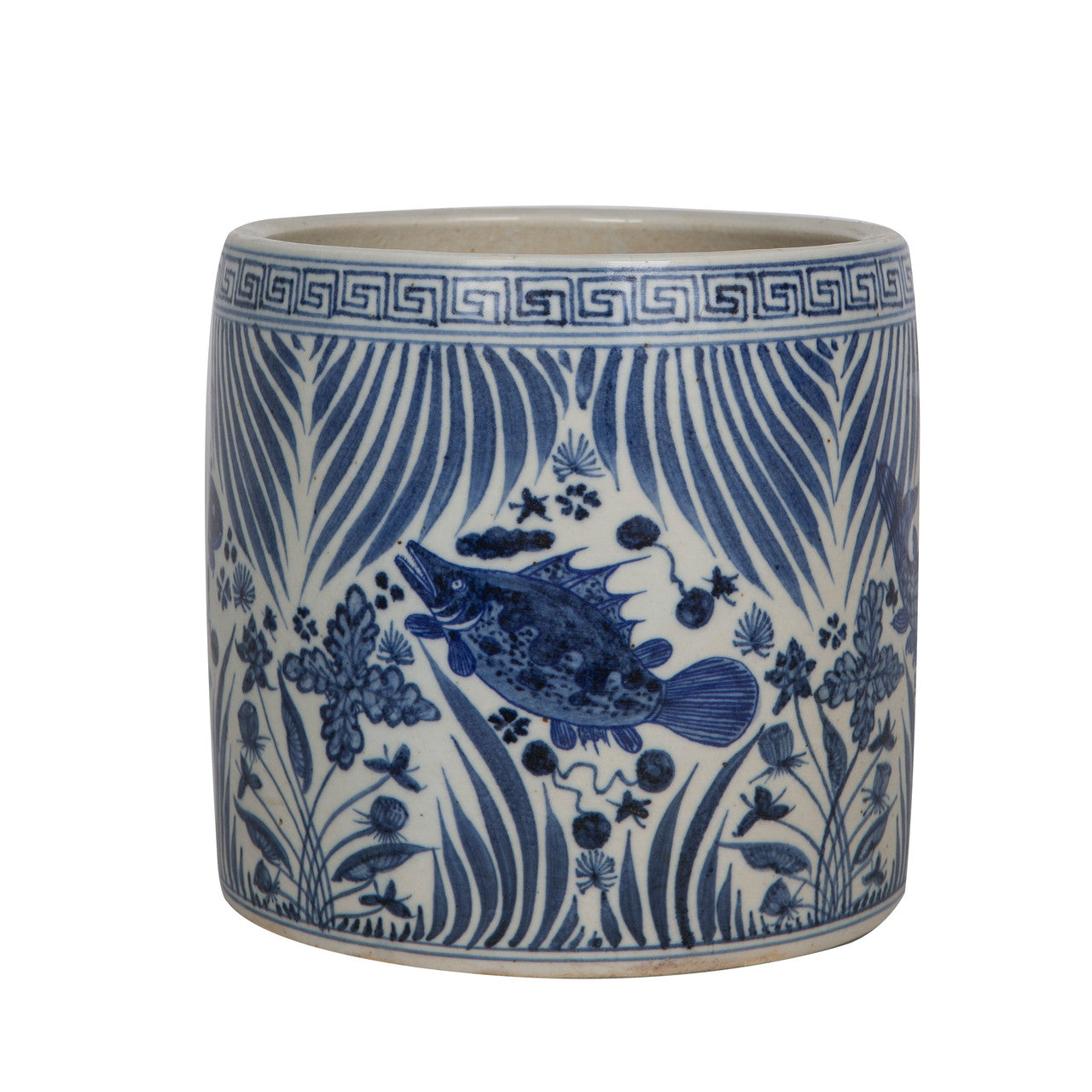Ceramic Fish Lotus Greek Cachepot | Blue & White
