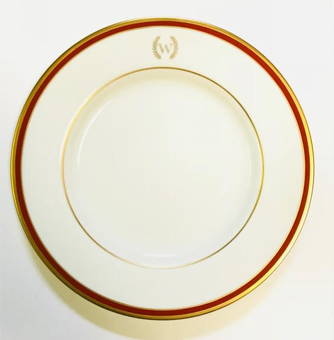 Pickard signature monogram ultra white burgundy & gold salad plate