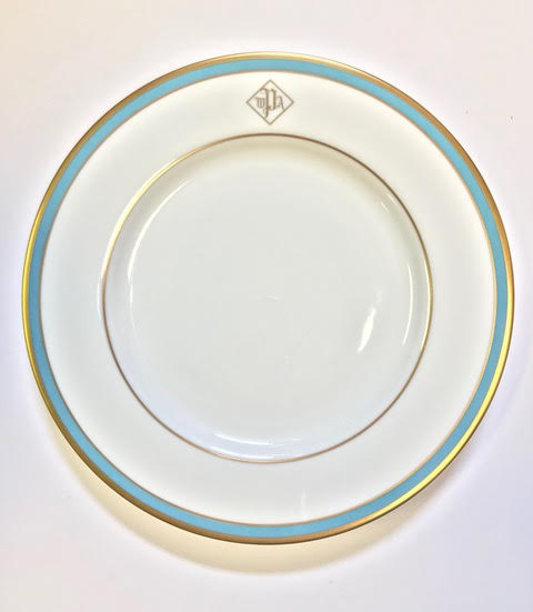 Pickard Signature ultra white blue & gold monogram salad plate