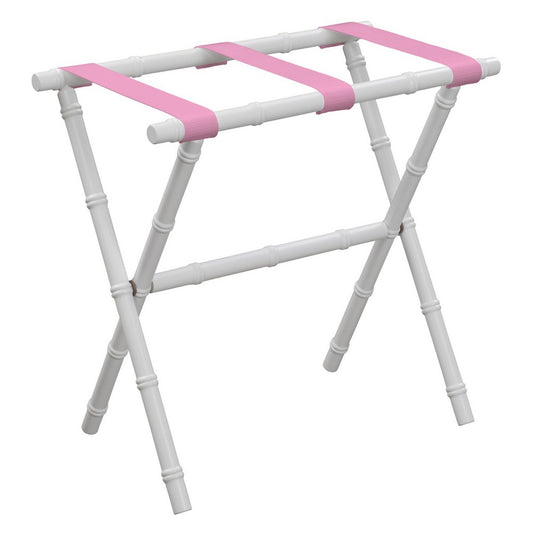 White Bamboo Wood Luggage Rack with Pink straps