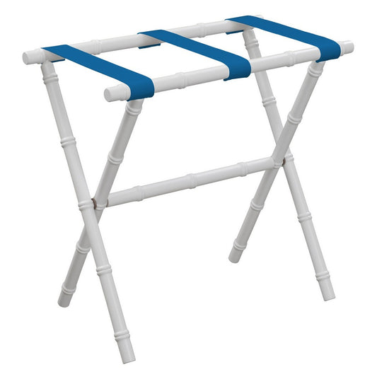 White Bamboo Wood Luggage Rack with Blue straps